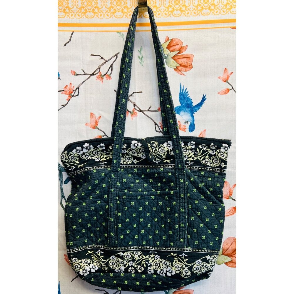 Quilted Pattern Navy Floral Tote Bag Button Closure, Long Handles, Pockets 17x14
